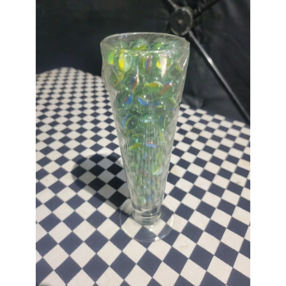 Glass Vase‎ Filled With Mixed Cat's Eye Marbles 9.5